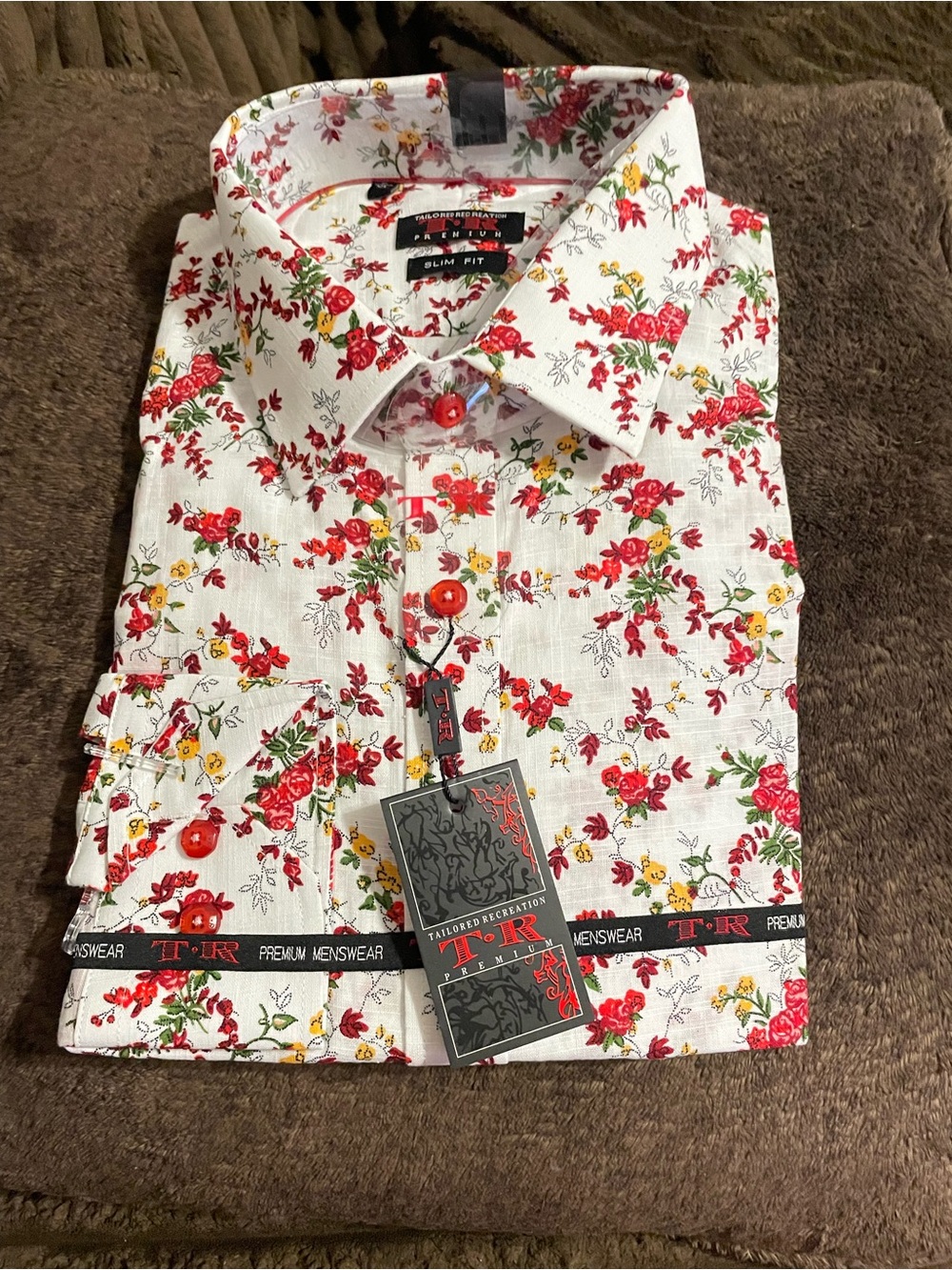 Men's Slim Fit White Floral Button-Down Shirt - Red & Yellow Print